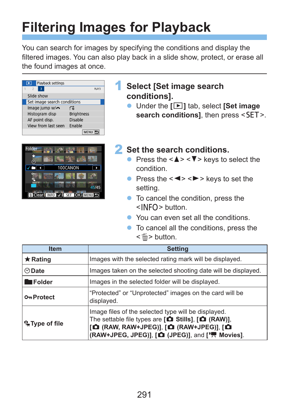 Filtering images for playback, Select [set image search conditions, Set the search conditions | Canon EOS Rebel SL3 DSLR Camera with 18-55mm Lens (Black) User Manual | Page 291 / 493