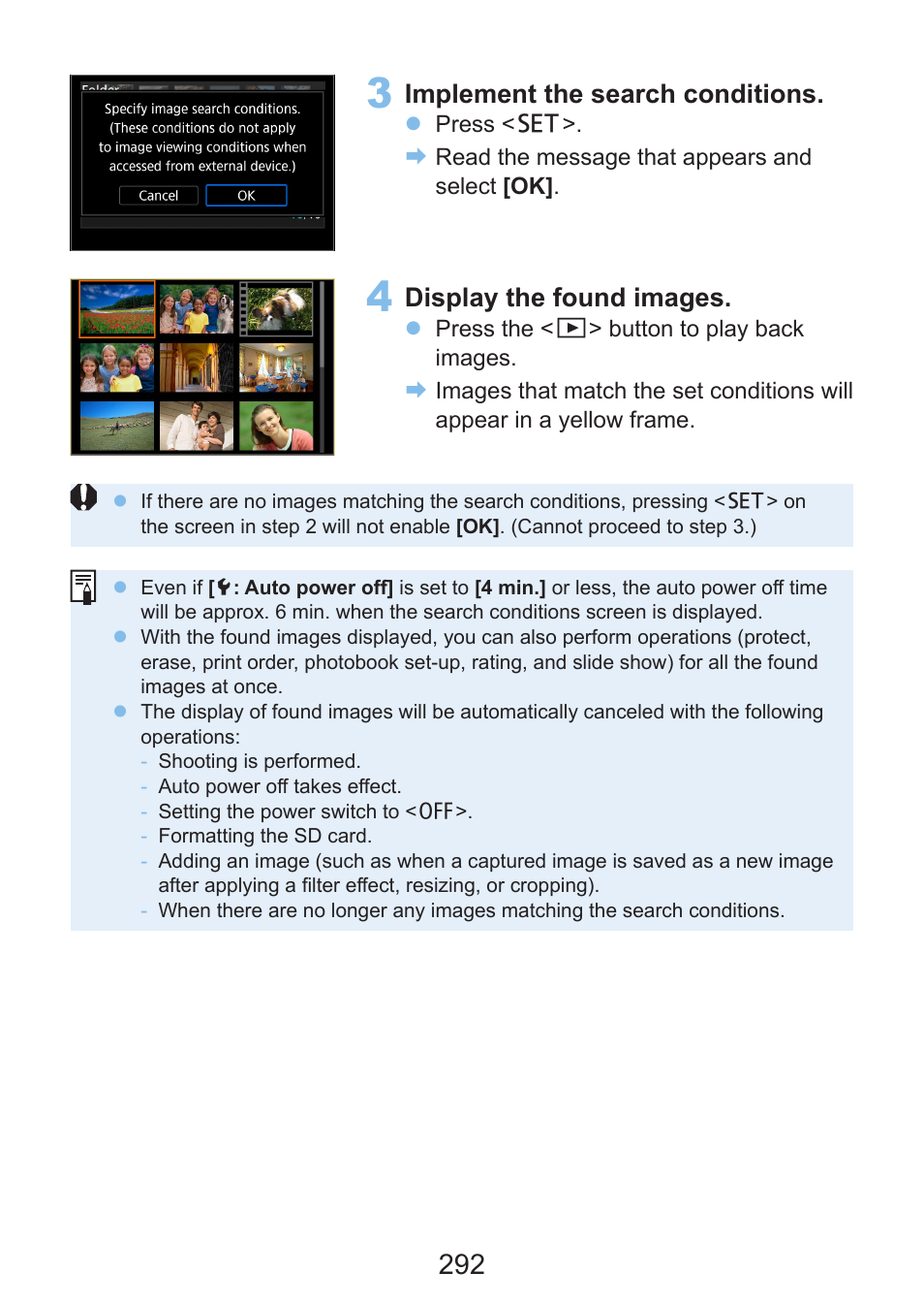 Implement the search conditions, Display the found images | Canon EOS Rebel SL3 DSLR Camera with 18-55mm Lens (Black) User Manual | Page 292 / 493
