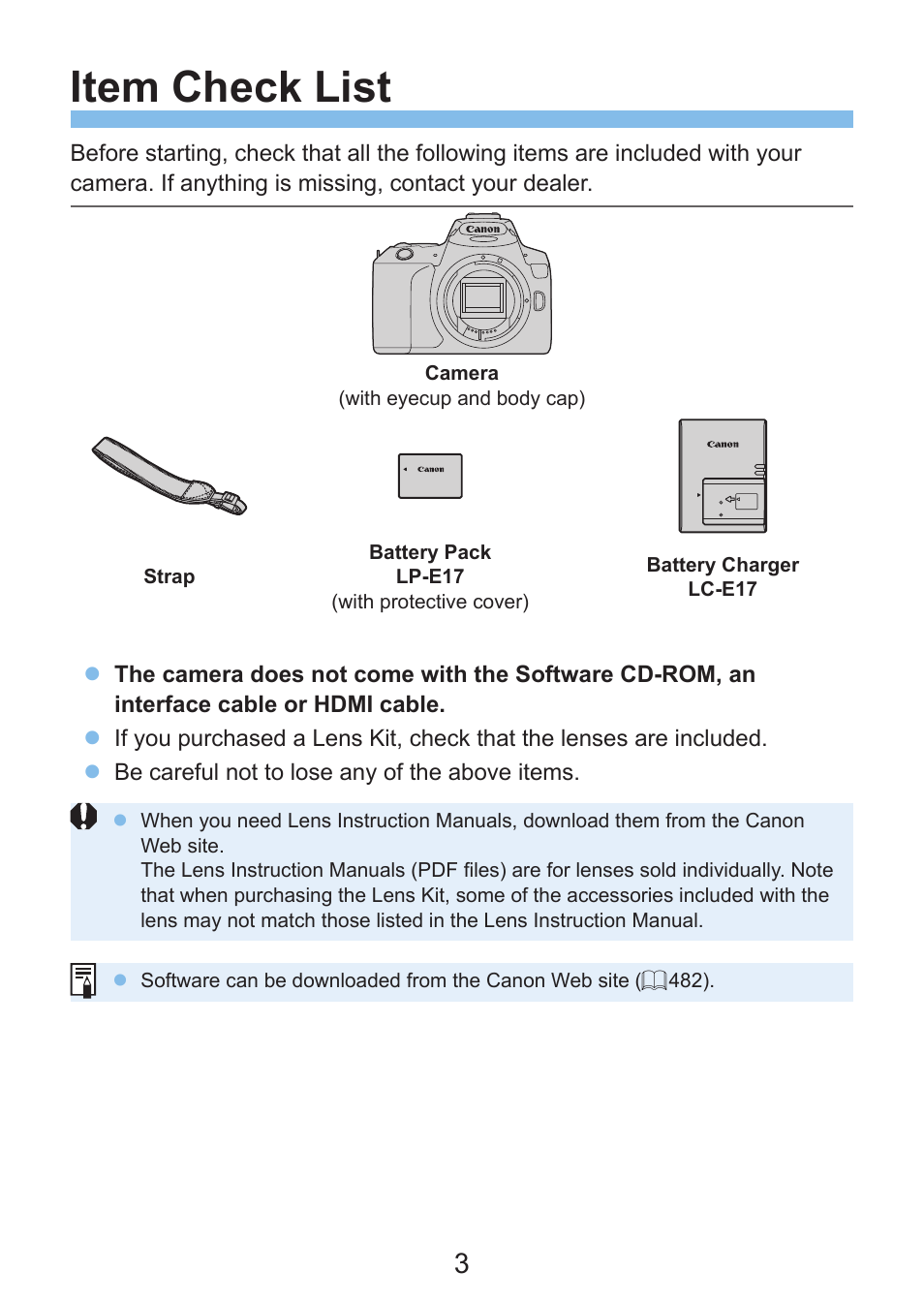 Item check list | Canon EOS Rebel SL3 DSLR Camera with 18-55mm Lens (Black) User Manual | Page 3 / 493