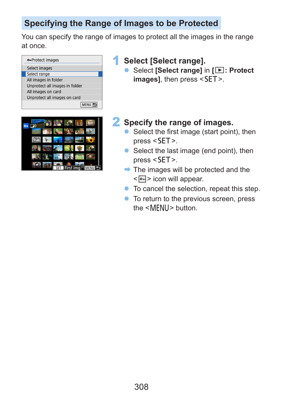 308 specifying the range of images to be protected | Canon EOS Rebel SL3 DSLR Camera with 18-55mm Lens (Black) User Manual | Page 308 / 493