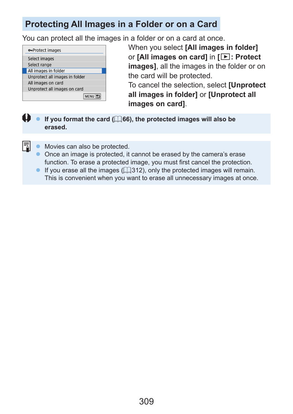 309 protecting all images in a folder or on a card | Canon EOS Rebel SL3 DSLR Camera with 18-55mm Lens (Black) User Manual | Page 309 / 493