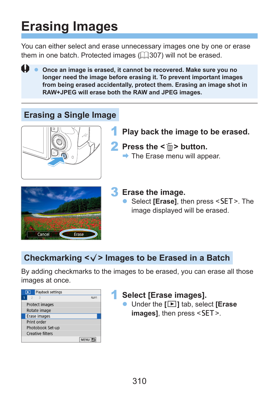 O delete images, see “erasing images, Erasing images | Canon EOS Rebel SL3 DSLR Camera with 18-55mm Lens (Black) User Manual | Page 310 / 493