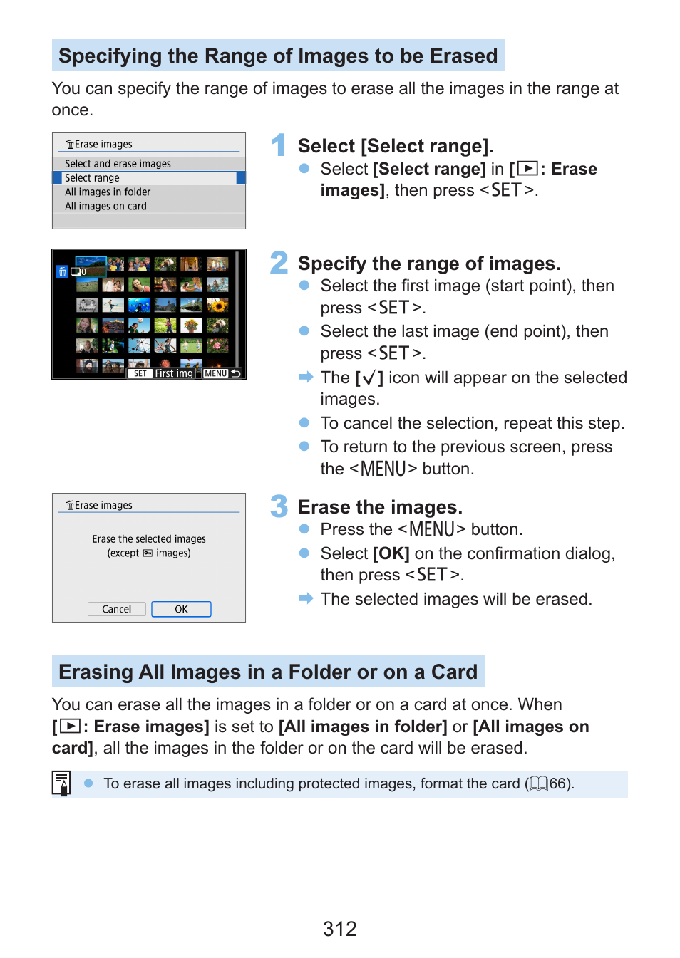 312), only the protected images will remain, 312 specifying the range of images to be erased, Erasing all images in a folder or on a card | Canon EOS Rebel SL3 DSLR Camera with 18-55mm Lens (Black) User Manual | Page 312 / 493