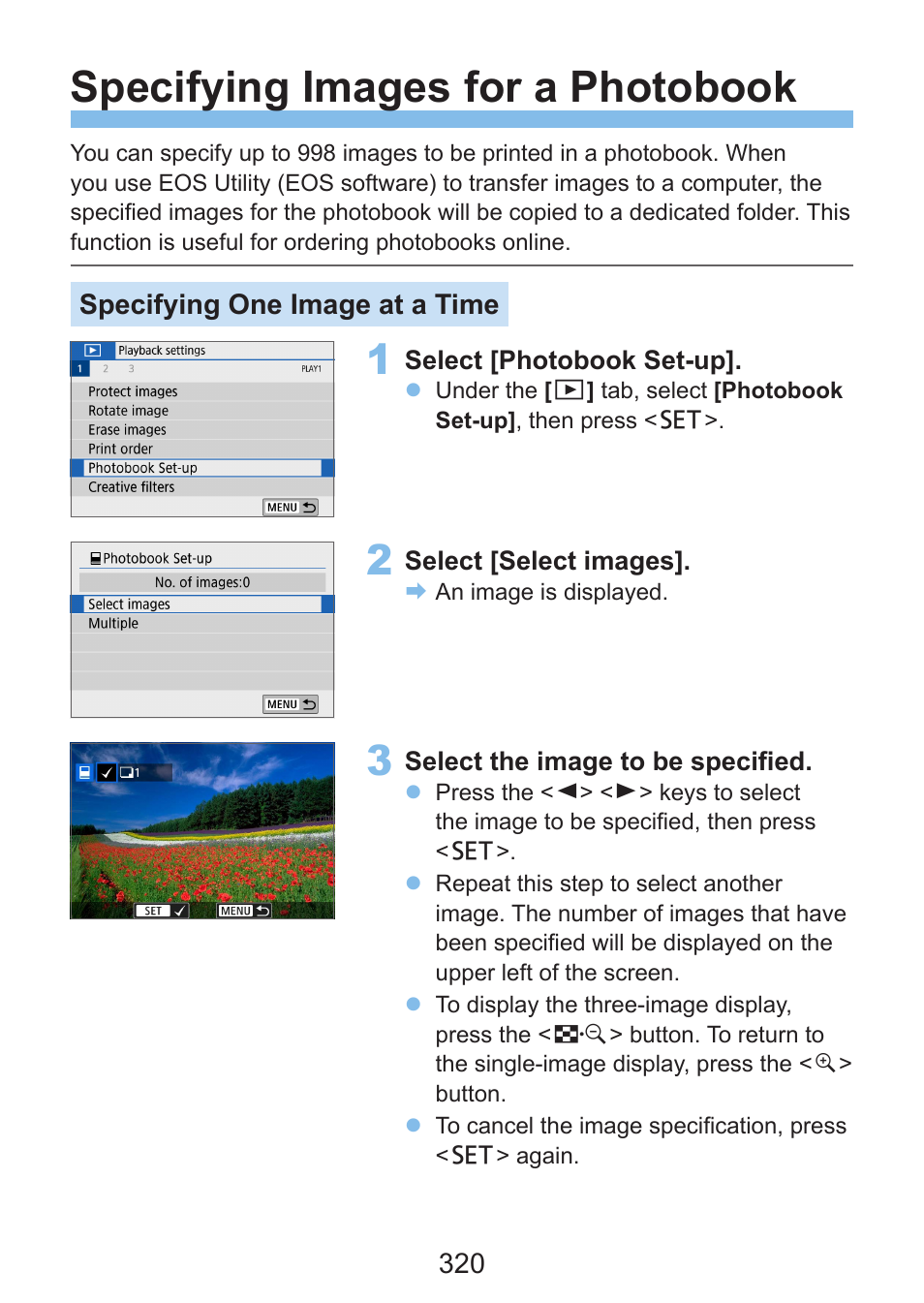 Photobook set-up, Specifying images for a photobook, Specifying one image at a time | Canon EOS Rebel SL3 DSLR Camera with 18-55mm Lens (Black) User Manual | Page 320 / 493