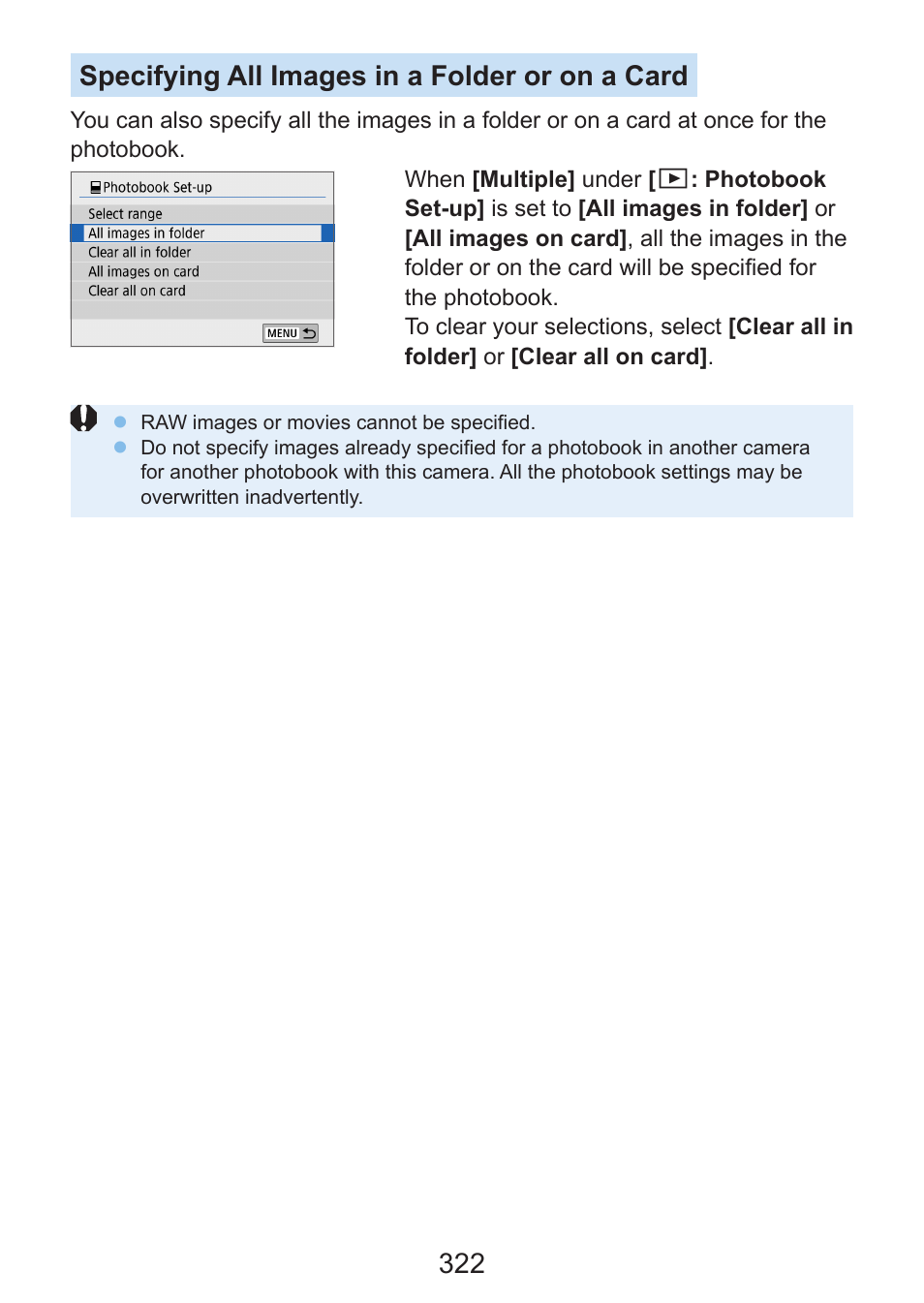 322 specifying all images in a folder or on a card | Canon EOS Rebel SL3 DSLR Camera with 18-55mm Lens (Black) User Manual | Page 322 / 493