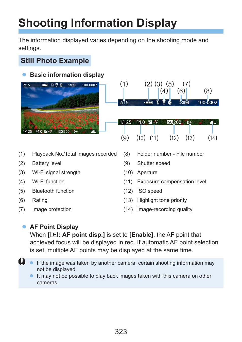 Shooting information display, Still photo example | Canon EOS Rebel SL3 DSLR Camera with 18-55mm Lens (Black) User Manual | Page 323 / 493