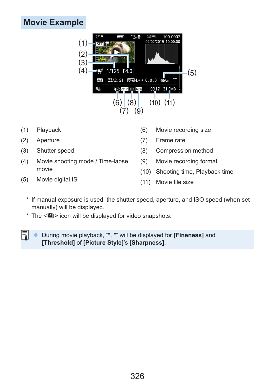 326), 4k movies and 4k time-lapse, 326 movie example | Canon EOS Rebel SL3 DSLR Camera with 18-55mm Lens (Black) User Manual | Page 326 / 493