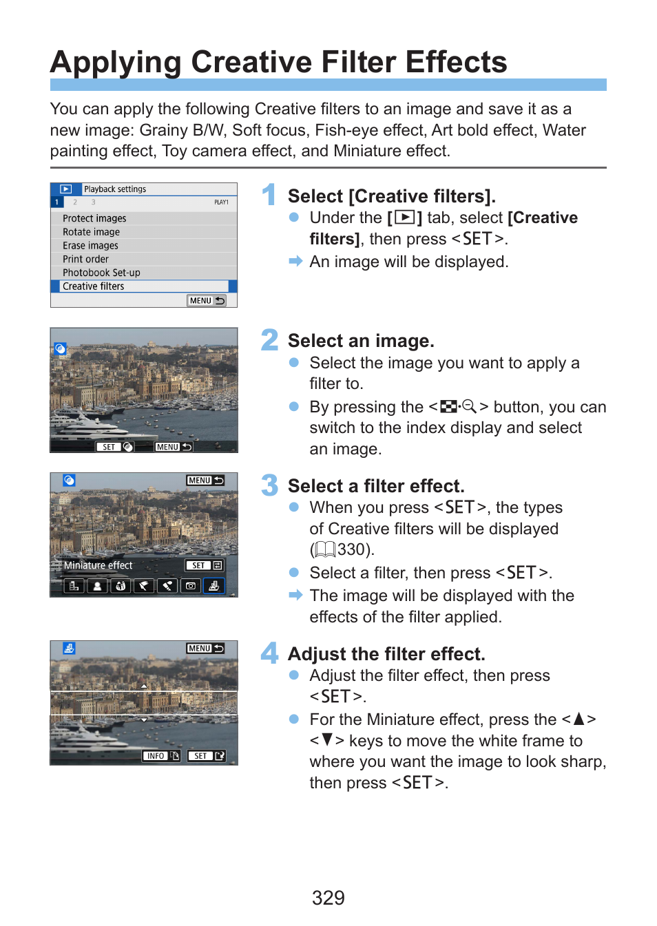 Applying creative filter effects, And save it as a new image, For creative filters | 329), resize | Canon EOS Rebel SL3 DSLR Camera with 18-55mm Lens (Black) User Manual | Page 329 / 493