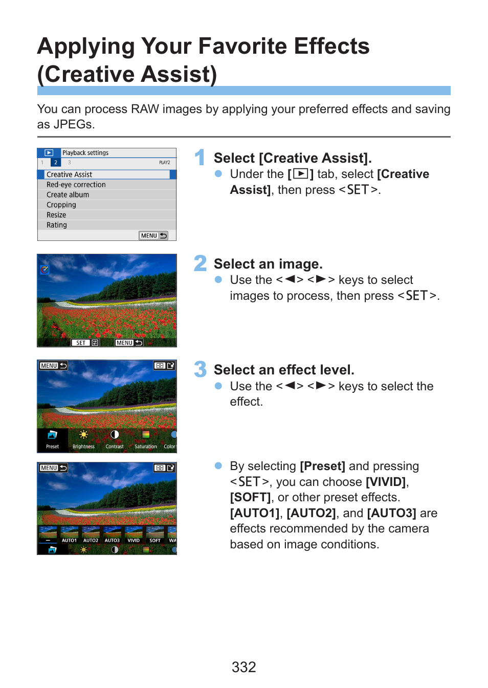 Applying your favorite effects (creative assist), 332), press | Canon EOS Rebel SL3 DSLR Camera with 18-55mm Lens (Black) User Manual | Page 332 / 493