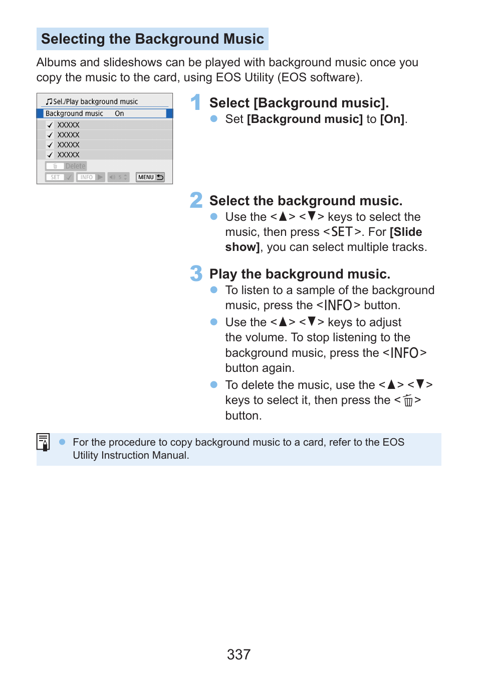 337 selecting the background music | Canon EOS Rebel SL3 DSLR Camera with 18-55mm Lens (Black) User Manual | Page 337 / 493