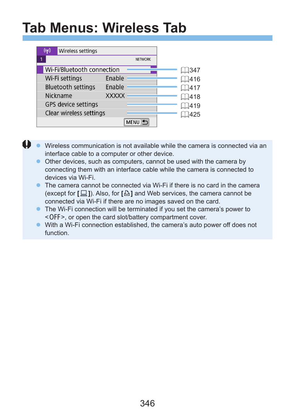 Tab menus: wireless tab | Canon EOS Rebel SL3 DSLR Camera with 18-55mm Lens (Black) User Manual | Page 346 / 493