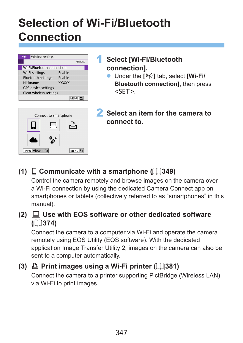 Selection of wi-fi/bluetooth connection | Canon EOS Rebel SL3 DSLR Camera with 18-55mm Lens (Black) User Manual | Page 347 / 493