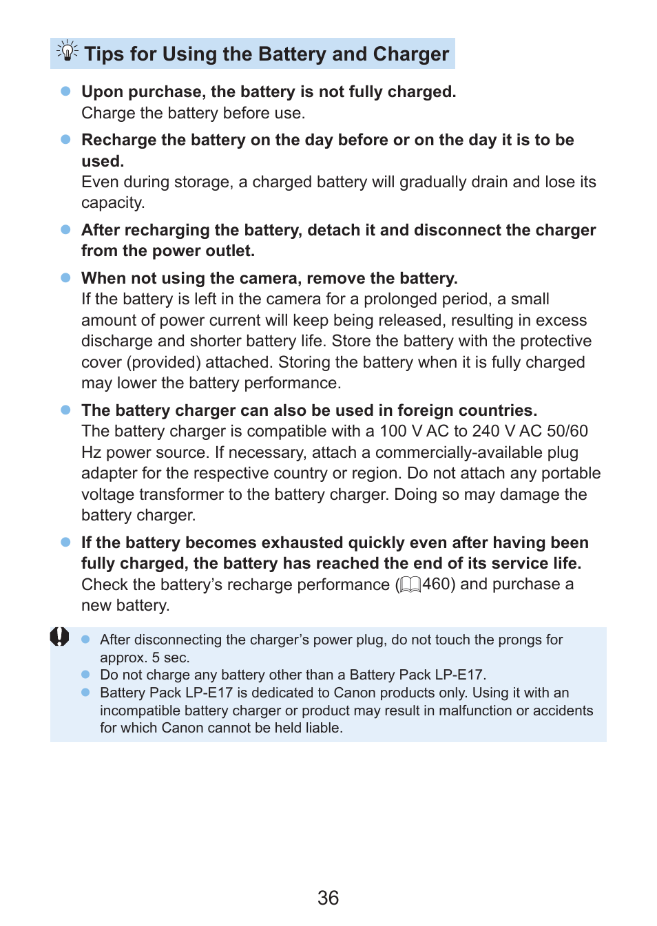 36 tips for using the battery and charger | Canon EOS Rebel SL3 DSLR Camera with 18-55mm Lens (Black) User Manual | Page 36 / 493