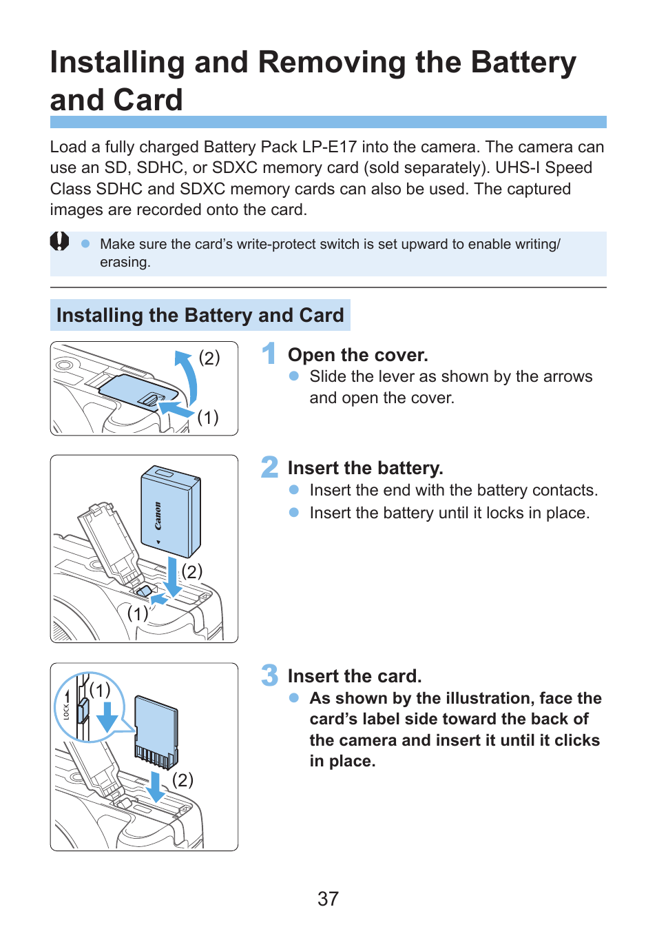 Insert the battery, Insert the card, Installing/removing | Installing and removing the battery and card | Canon EOS Rebel SL3 DSLR Camera with 18-55mm Lens (Black) User Manual | Page 37 / 493