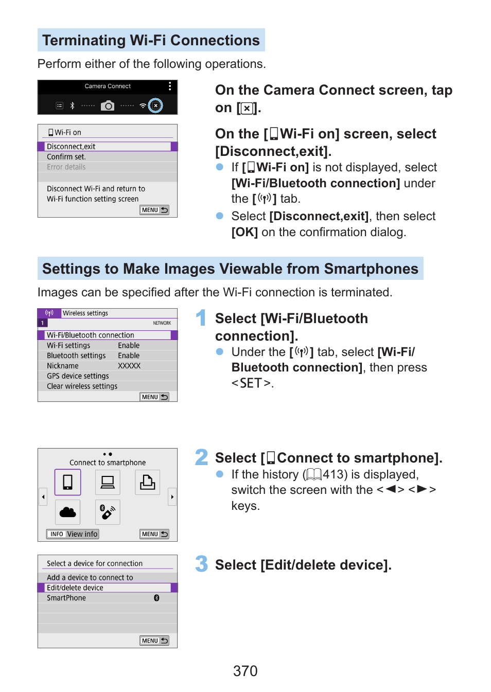 Connections, See “terminating wi-fi connections | Canon EOS Rebel SL3 DSLR Camera with 18-55mm Lens (Black) User Manual | Page 370 / 493