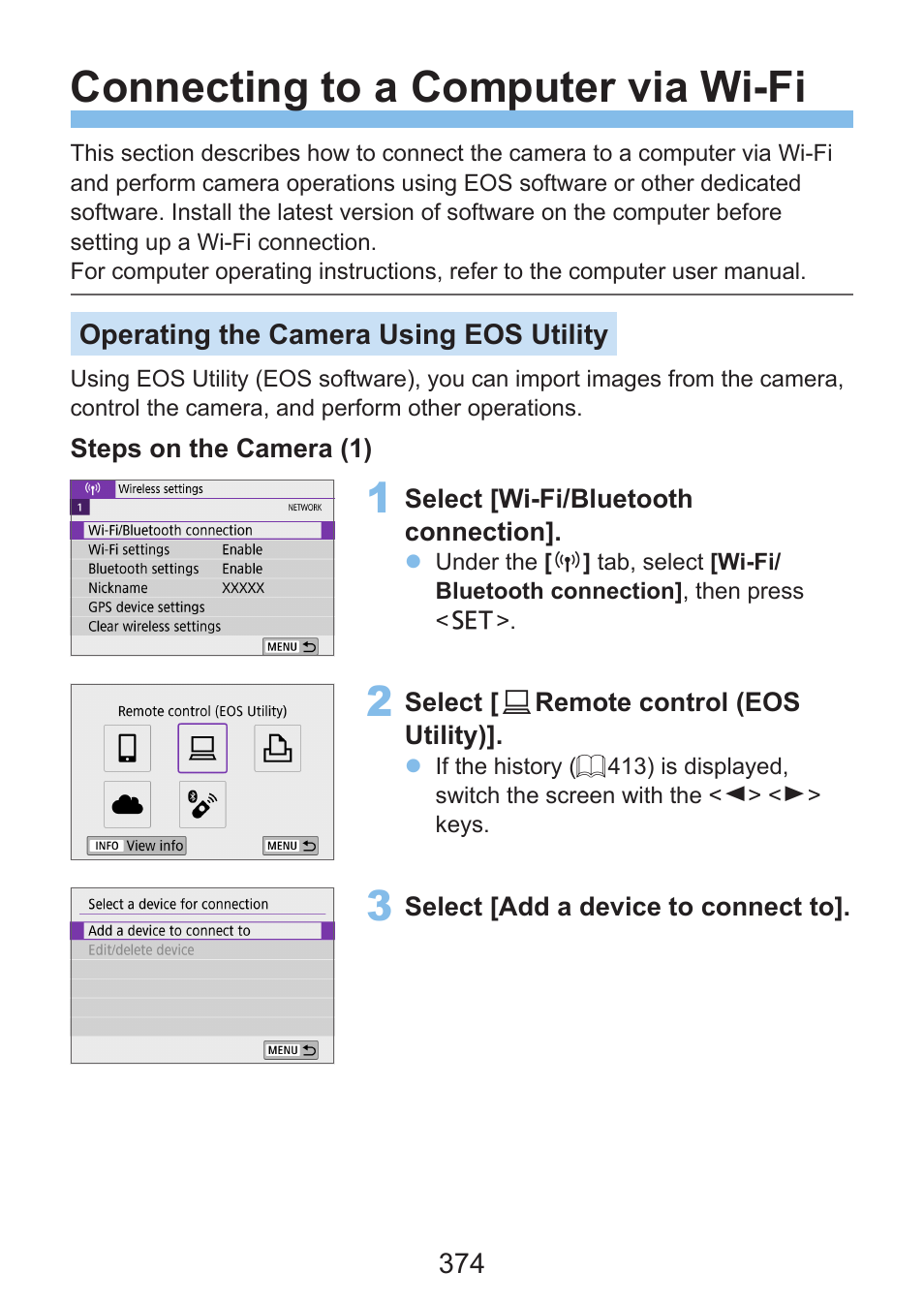 Connecting to a computer via wi-fi | Canon EOS Rebel SL3 DSLR Camera with 18-55mm Lens (Black) User Manual | Page 374 / 493