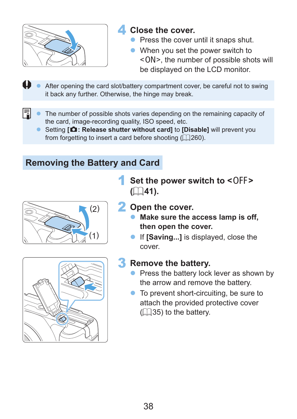 Removing the battery and card | Canon EOS Rebel SL3 DSLR Camera with 18-55mm Lens (Black) User Manual | Page 38 / 493