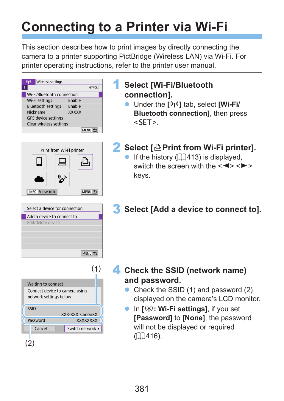 381 (print from wi-fi printer), Print from wi-fi printer, Connecting to a printer via wi-fi | Canon EOS Rebel SL3 DSLR Camera with 18-55mm Lens (Black) User Manual | Page 381 / 493