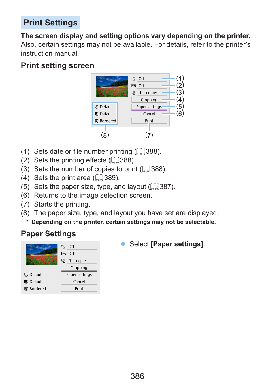 For setting details, see “print settings, 386 print settings | Canon EOS Rebel SL3 DSLR Camera with 18-55mm Lens (Black) User Manual | Page 386 / 493