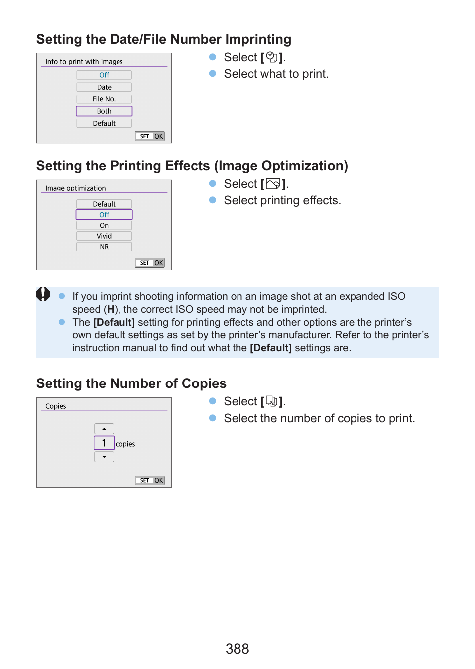 Sets date or file number printing, Fects, Setting the date/file number imprinting | Setting the printing effects (image optimization), Setting the number of copies | Canon EOS Rebel SL3 DSLR Camera with 18-55mm Lens (Black) User Manual | Page 388 / 493