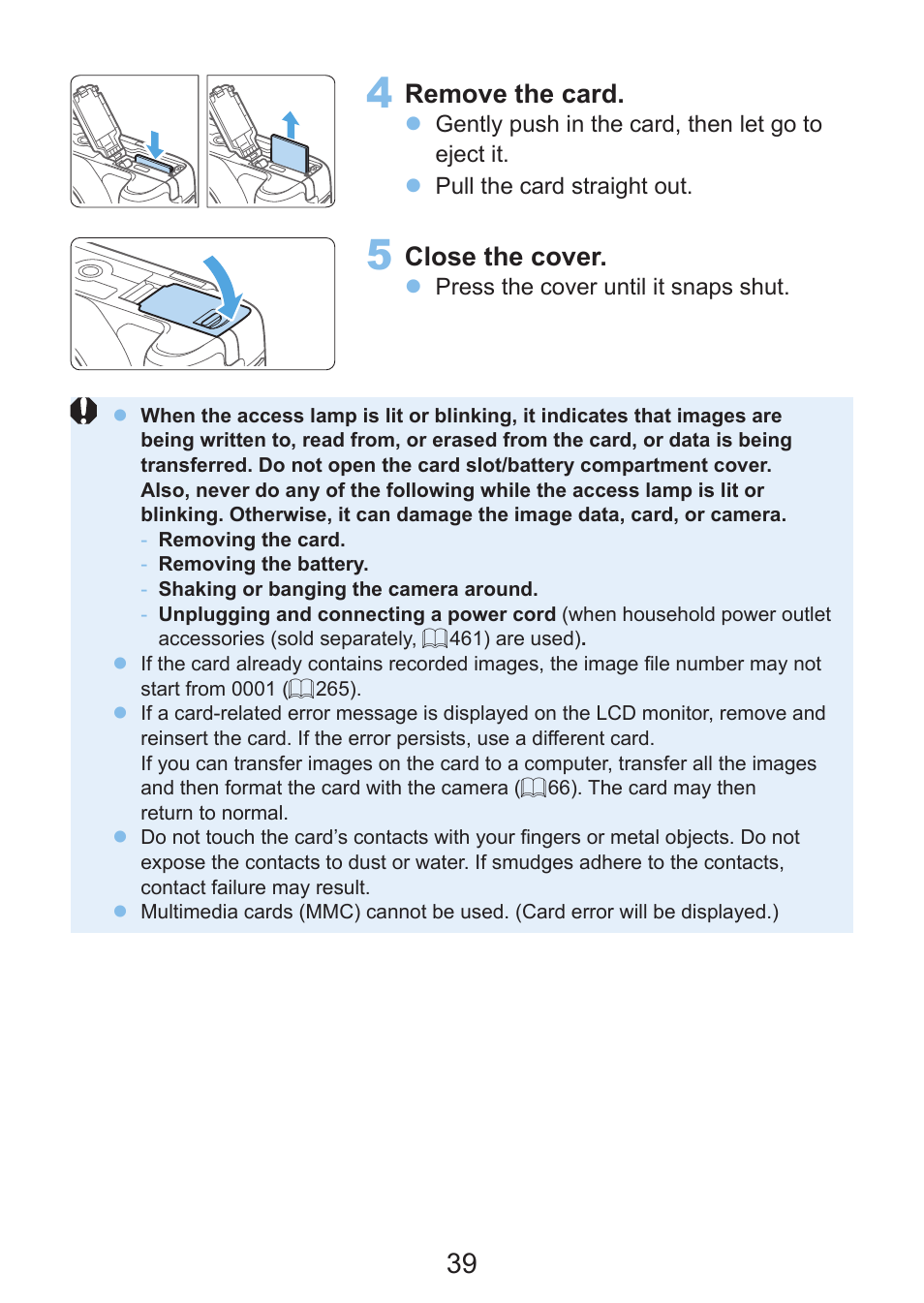 Remove the card, Close the cover | Canon EOS Rebel SL3 DSLR Camera with 18-55mm Lens (Black) User Manual | Page 39 / 493