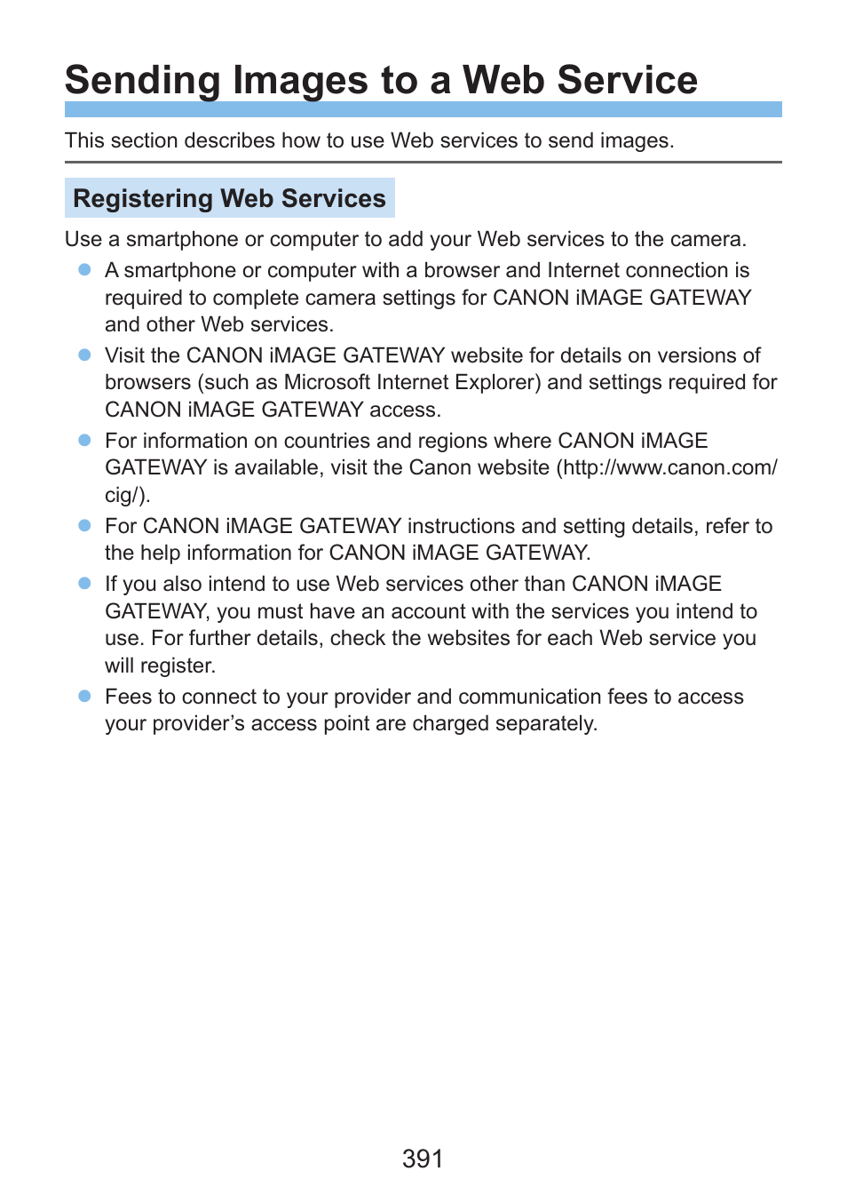 391 (send images to a w, Sending images to a web service, Eb service | Registering web services | Canon EOS Rebel SL3 DSLR Camera with 18-55mm Lens (Black) User Manual | Page 391 / 493