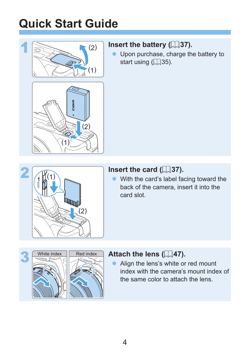 Quick start guide | Canon EOS Rebel SL3 DSLR Camera with 18-55mm Lens (Black) User Manual | Page 4 / 493