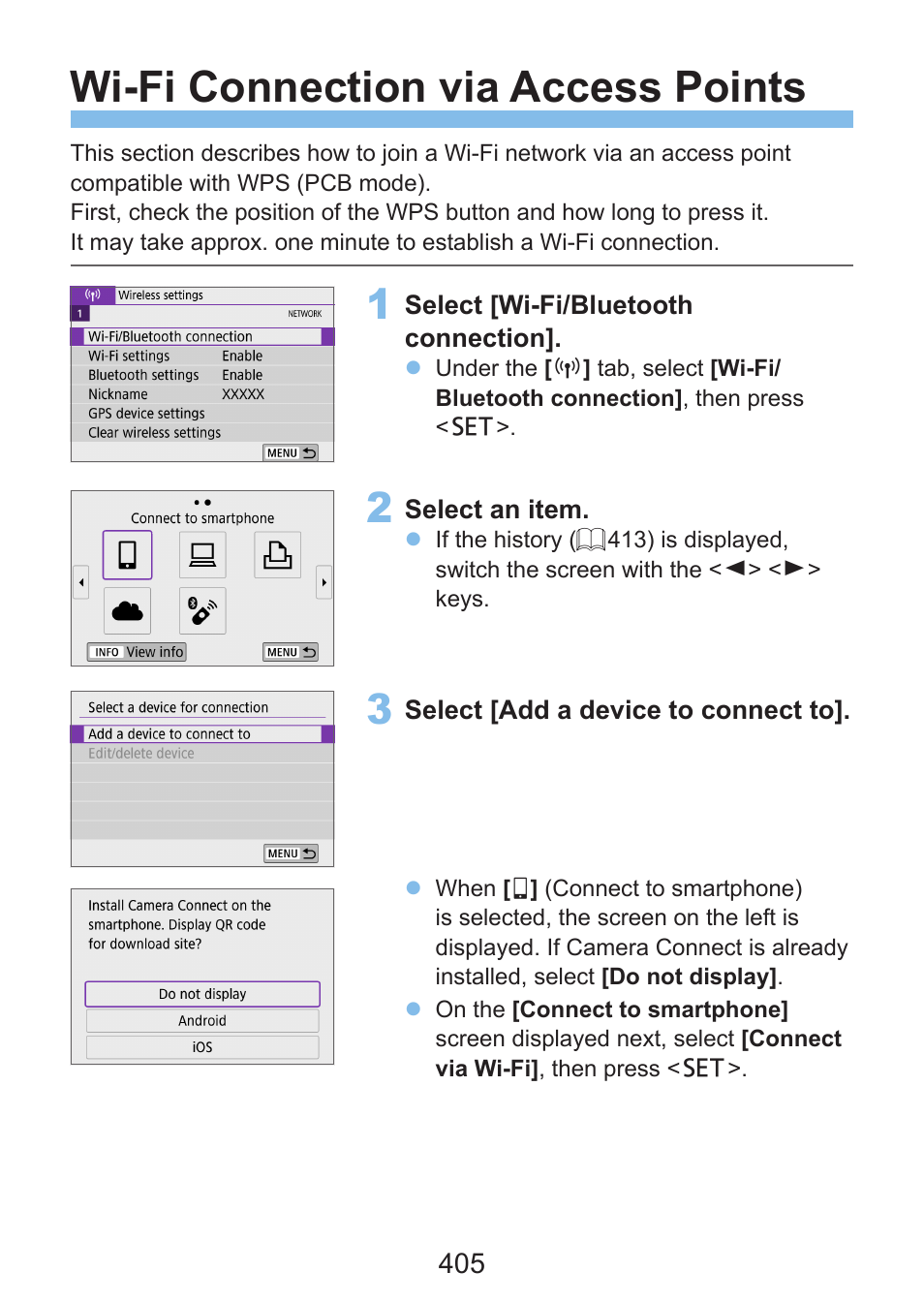 Wi-fi connection via access points, Via access points | Canon EOS Rebel SL3 DSLR Camera with 18-55mm Lens (Black) User Manual | Page 405 / 493