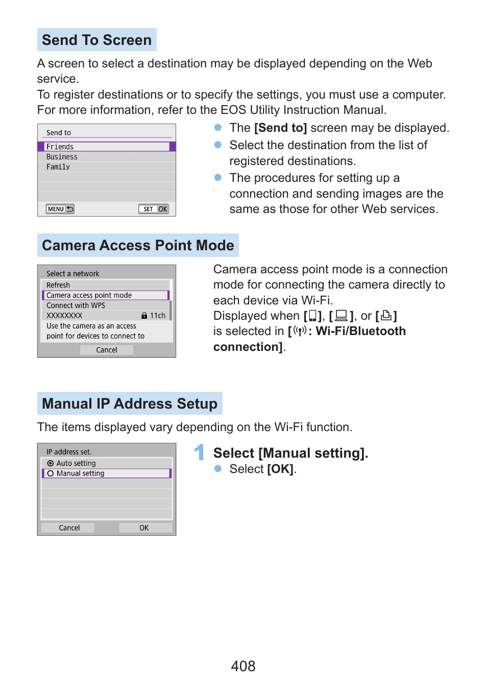 Eb service, 408 send to screen, Camera access point mode | Manual ip address setup | Canon EOS Rebel SL3 DSLR Camera with 18-55mm Lens (Black) User Manual | Page 408 / 493