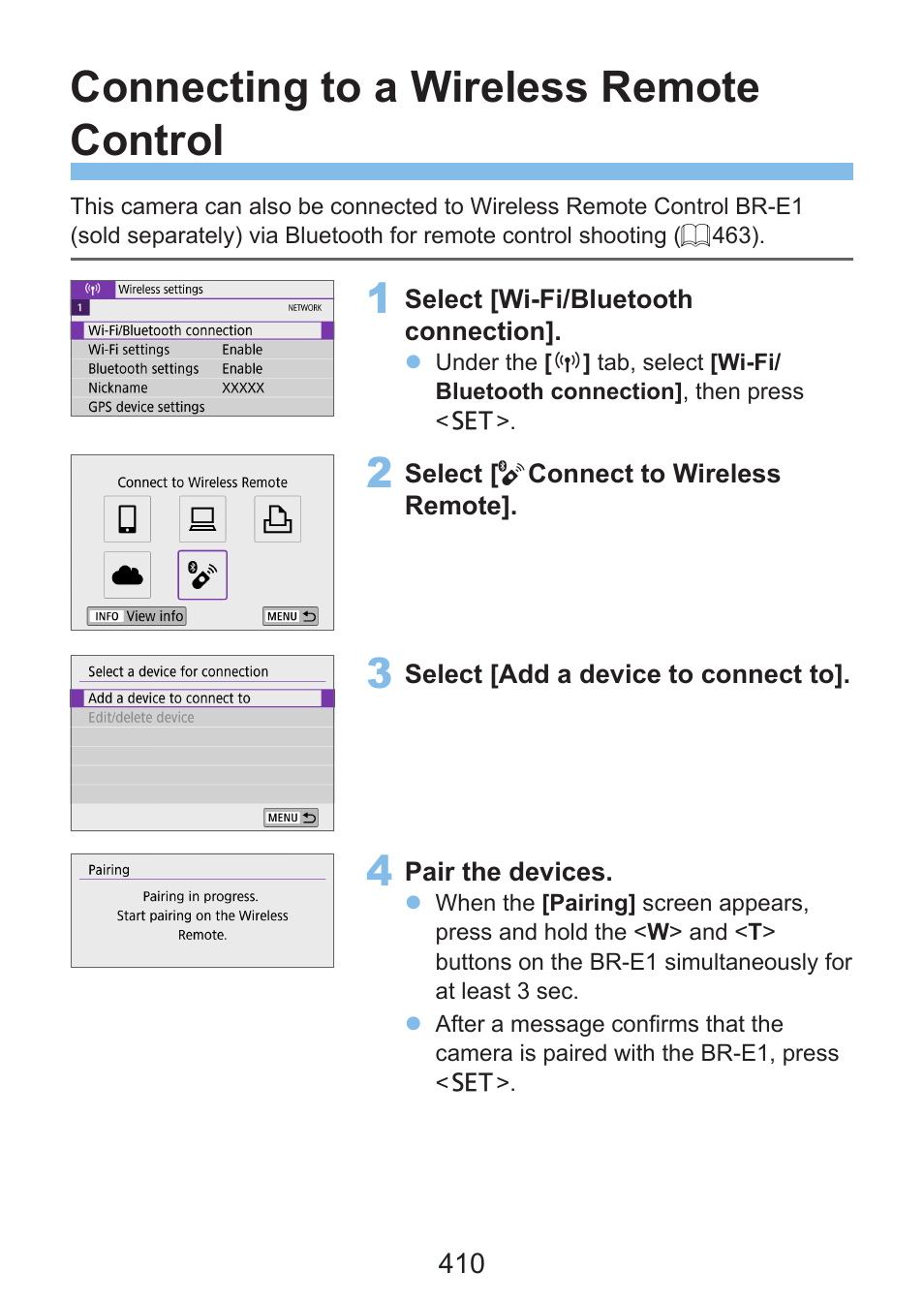 Connecting to a wireless remote control | Canon EOS Rebel SL3 DSLR Camera with 18-55mm Lens (Black) User Manual | Page 410 / 493