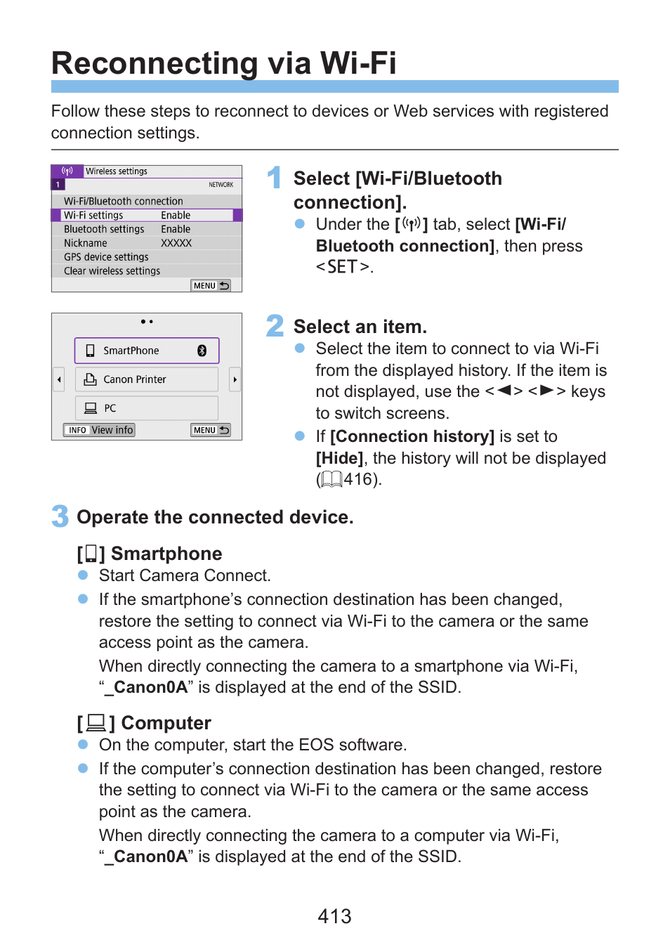 Reconnecting via wi-fi, If the history, 413) is displayed | O reconnect via wi-fi, see “reconnecting via wi-fi | Canon EOS Rebel SL3 DSLR Camera with 18-55mm Lens (Black) User Manual | Page 413 / 493