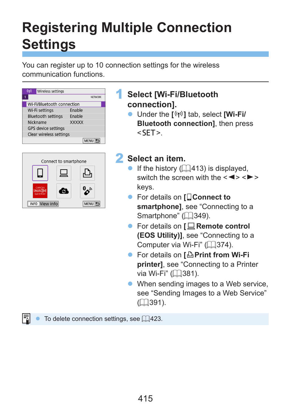 Registering multiple connection settings | Canon EOS Rebel SL3 DSLR Camera with 18-55mm Lens (Black) User Manual | Page 415 / 493