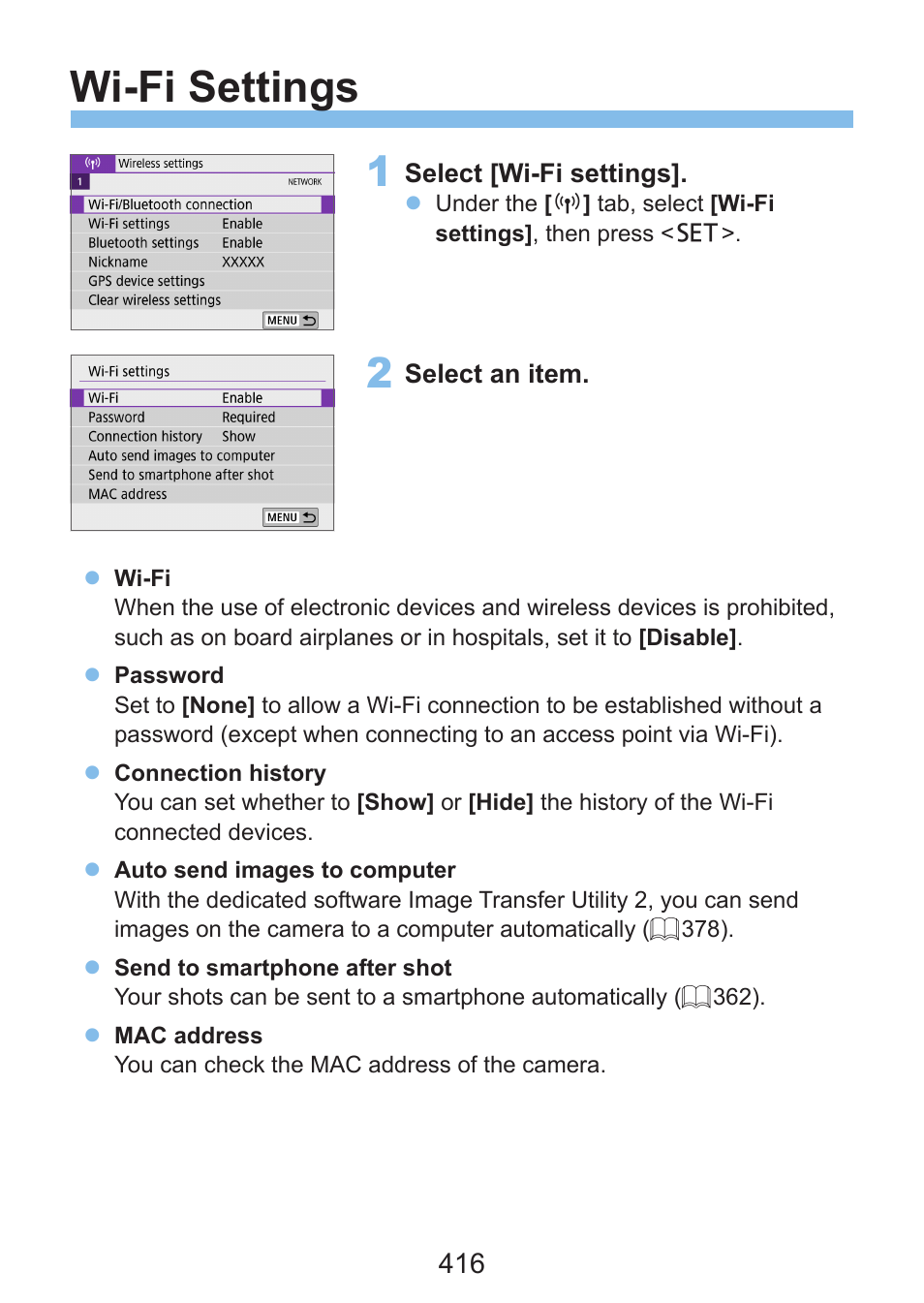 Wi-fi settings | Canon EOS Rebel SL3 DSLR Camera with 18-55mm Lens (Black) User Manual | Page 416 / 493