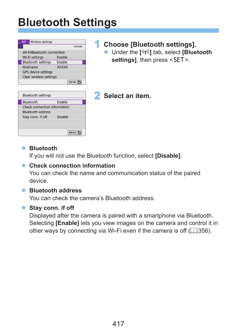 Bluetooth settings | Canon EOS Rebel SL3 DSLR Camera with 18-55mm Lens (Black) User Manual | Page 417 / 493