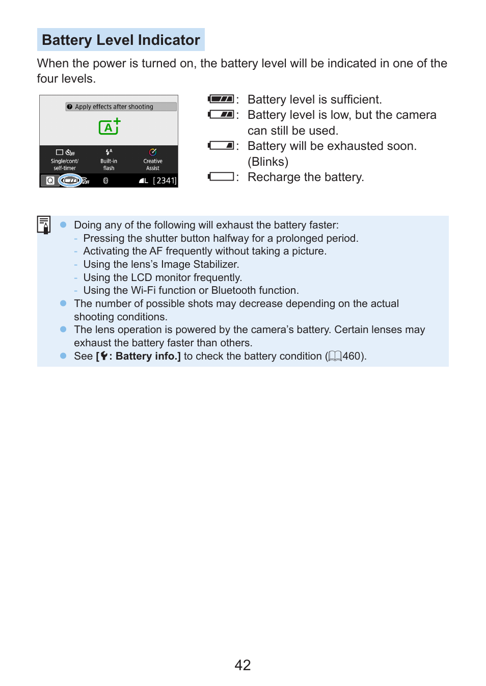 Battery level, 42 battery level indicator | Canon EOS Rebel SL3 DSLR Camera with 18-55mm Lens (Black) User Manual | Page 42 / 493