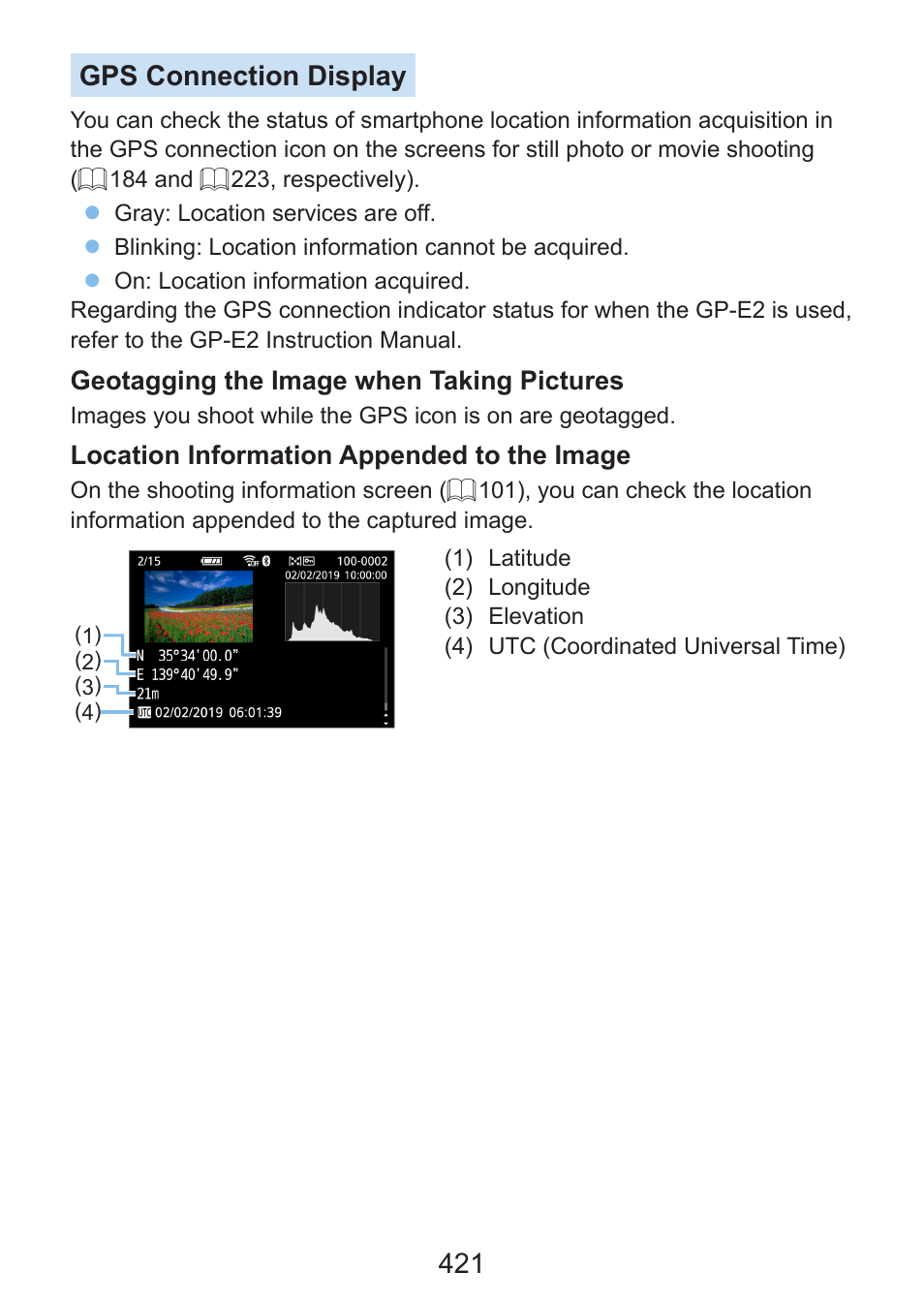 421 gps connection display | Canon EOS Rebel SL3 DSLR Camera with 18-55mm Lens (Black) User Manual | Page 421 / 493