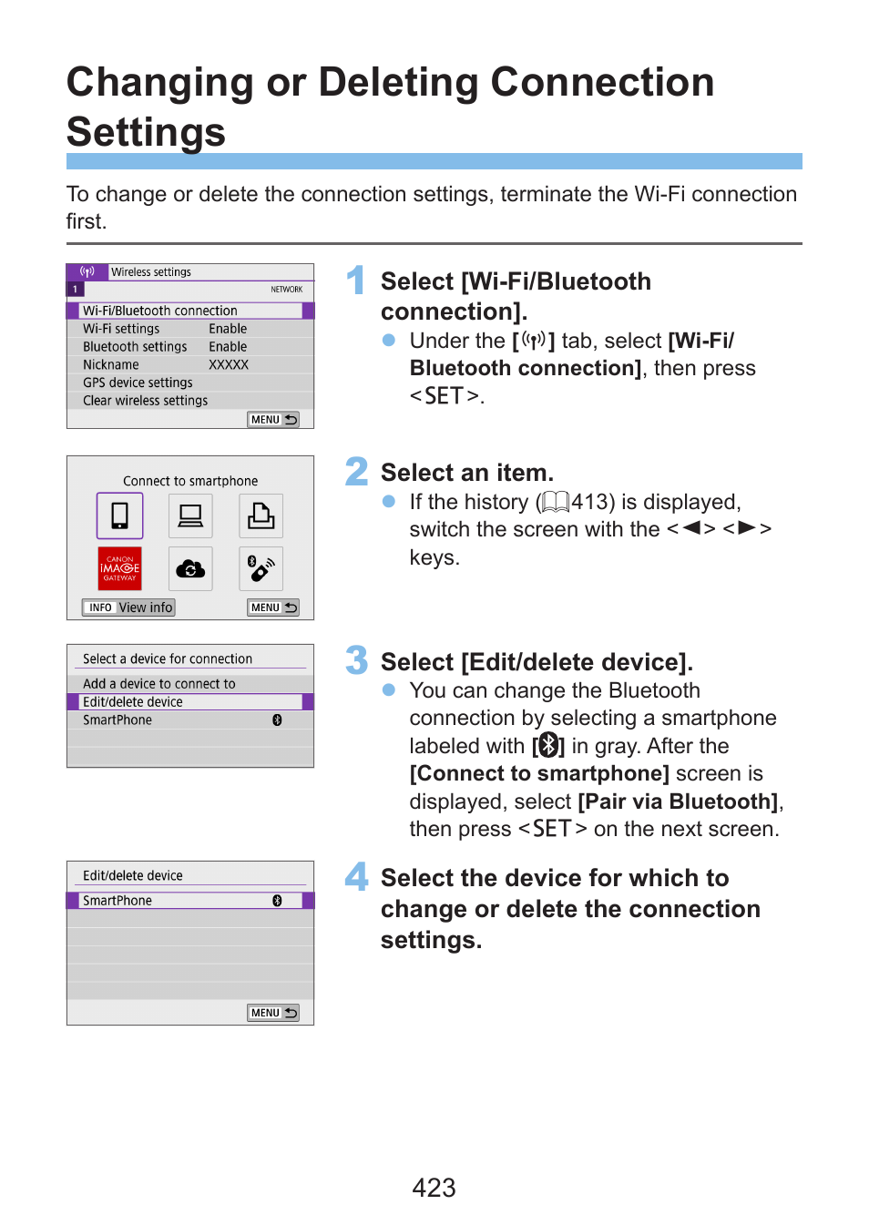 Changing or deleting connection settings, O delete connection settings, see | Canon EOS Rebel SL3 DSLR Camera with 18-55mm Lens (Black) User Manual | Page 423 / 493
