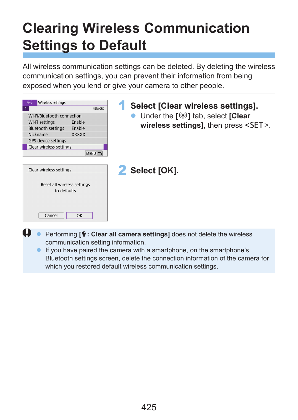 Clear wireless settings | Canon EOS Rebel SL3 DSLR Camera with 18-55mm Lens (Black) User Manual | Page 425 / 493