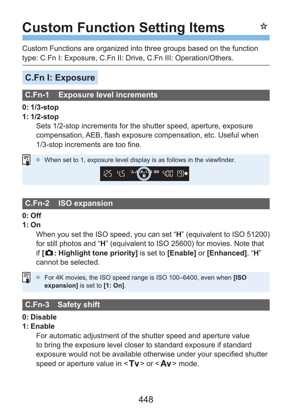 Custom function setting items, C.fn i: exposure | Canon EOS Rebel SL3 DSLR Camera with 18-55mm Lens (Black) User Manual | Page 448 / 493