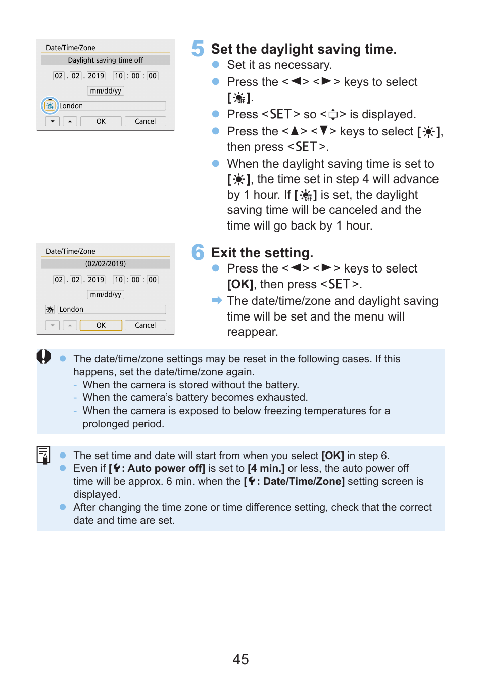 Set the daylight saving time, Exit the setting | Canon EOS Rebel SL3 DSLR Camera with 18-55mm Lens (Black) User Manual | Page 45 / 493