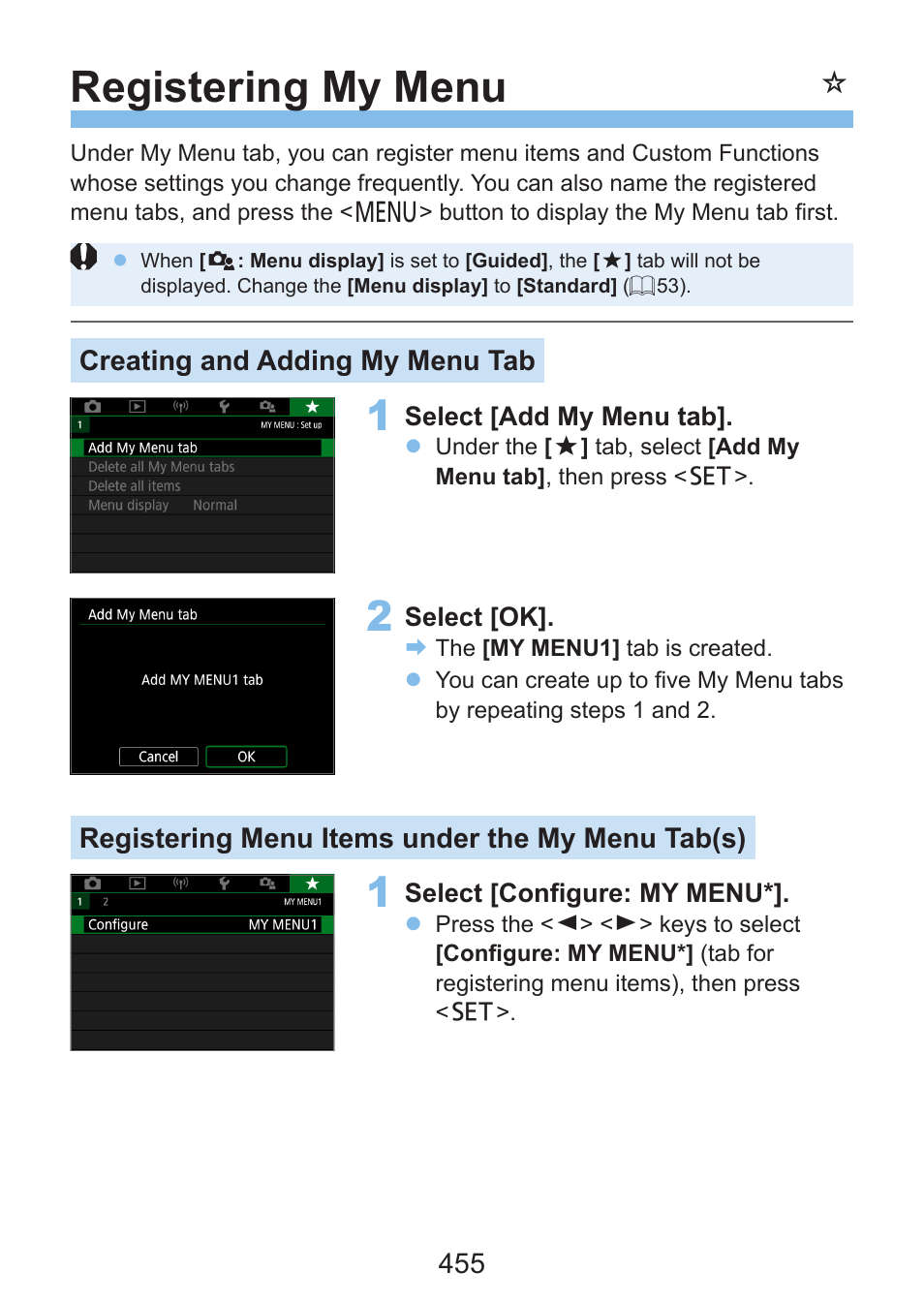 Registering my menu, Creating and adding my menu tab, Registering menu items under the my menu tab(s) | Canon EOS Rebel SL3 DSLR Camera with 18-55mm Lens (Black) User Manual | Page 455 / 493