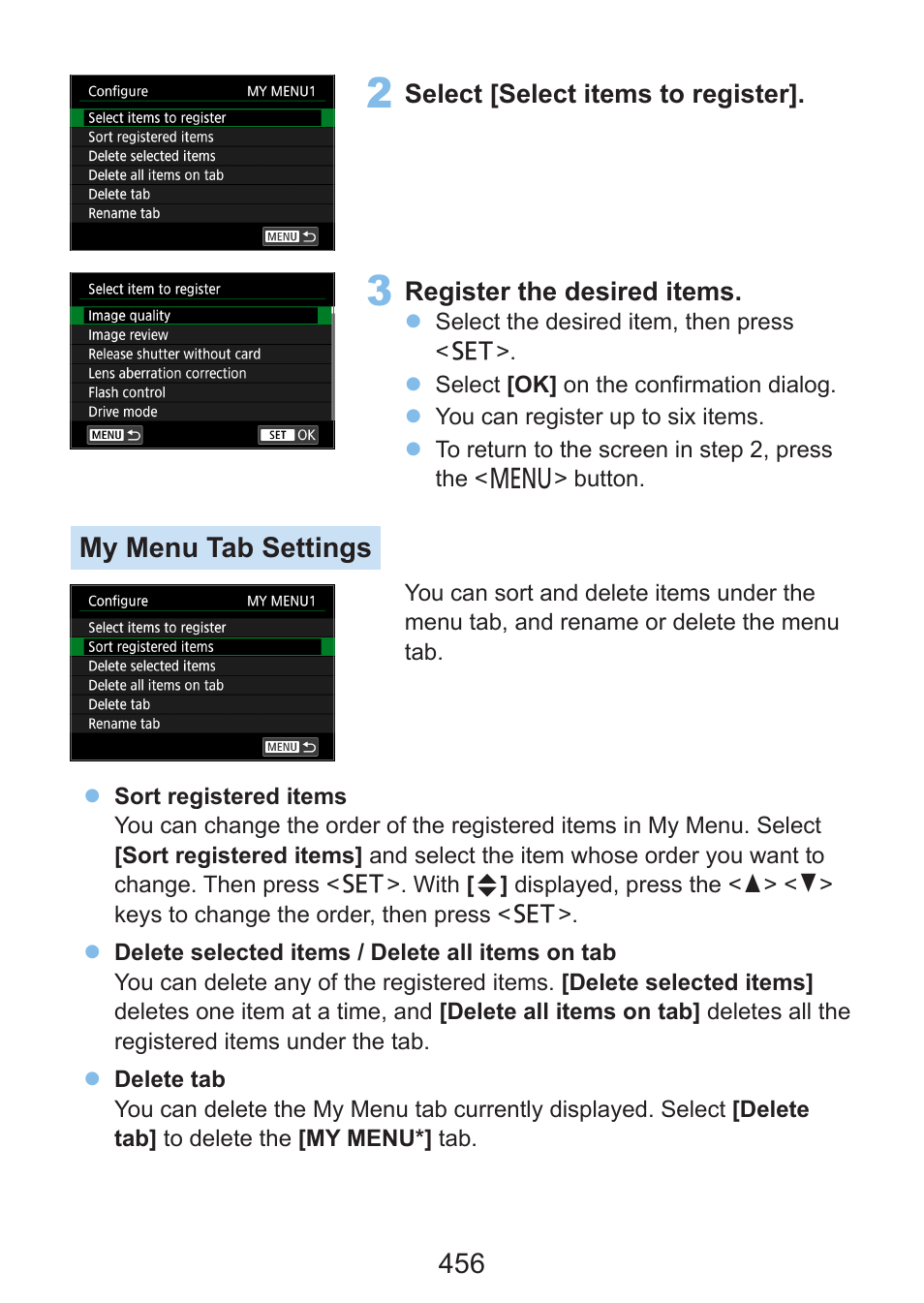 My menu tab settings | Canon EOS Rebel SL3 DSLR Camera with 18-55mm Lens (Black) User Manual | Page 456 / 493