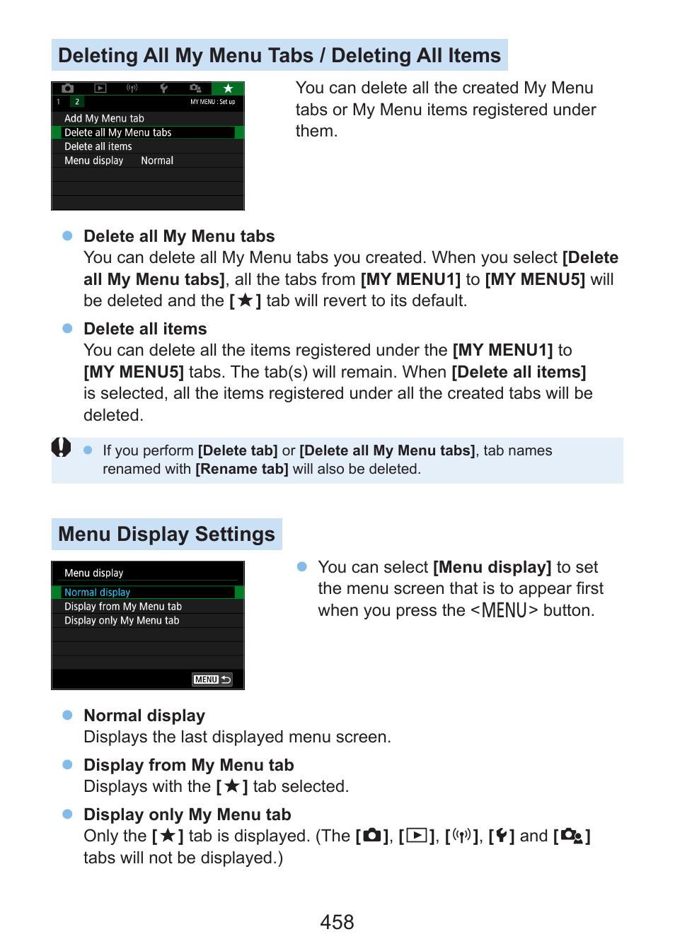 458 deleting all my menu tabs / deleting all items, Menu display settings | Canon EOS Rebel SL3 DSLR Camera with 18-55mm Lens (Black) User Manual | Page 458 / 493