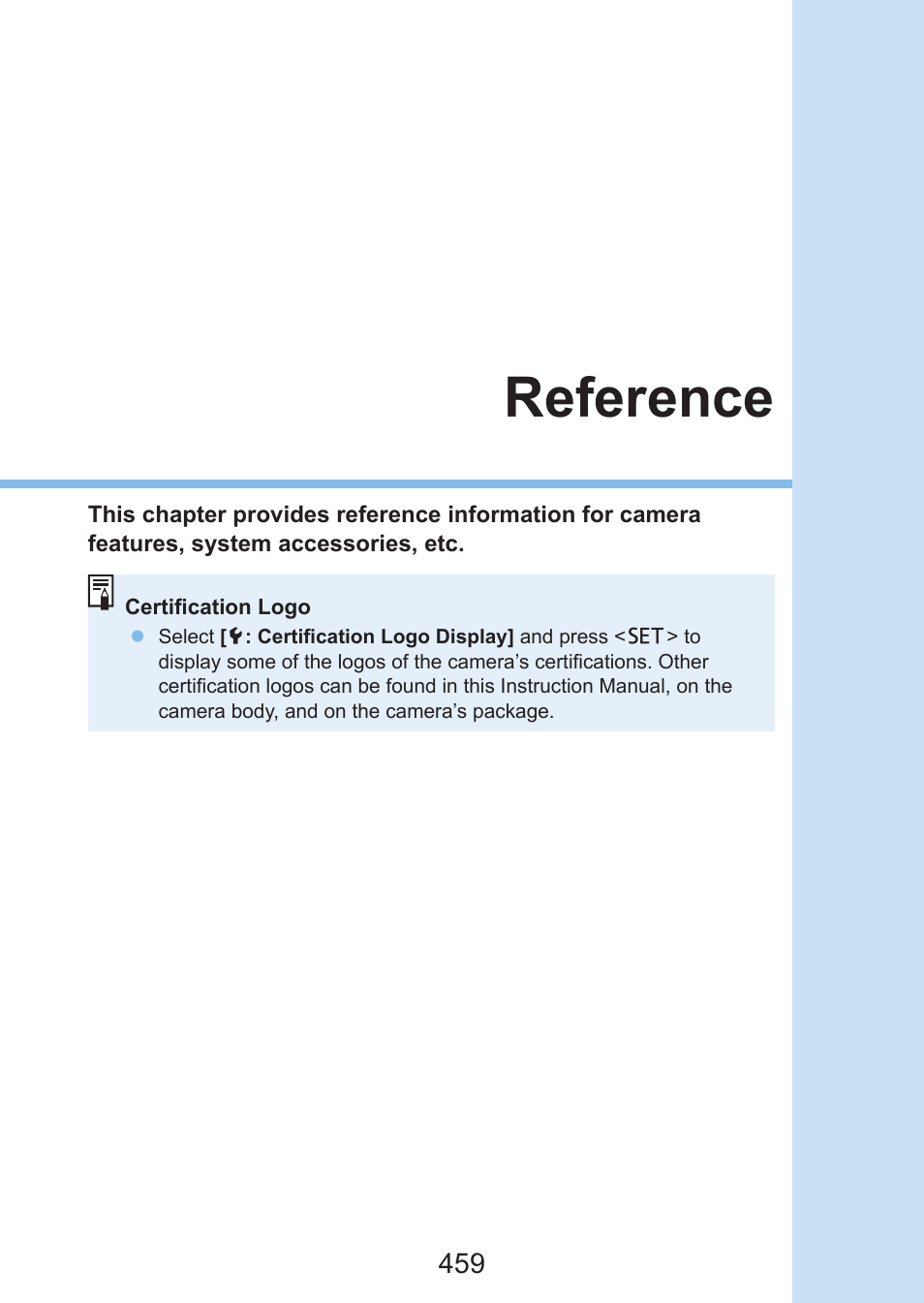 Reference 459, Reference | Canon EOS Rebel SL3 DSLR Camera with 18-55mm Lens (Black) User Manual | Page 459 / 493