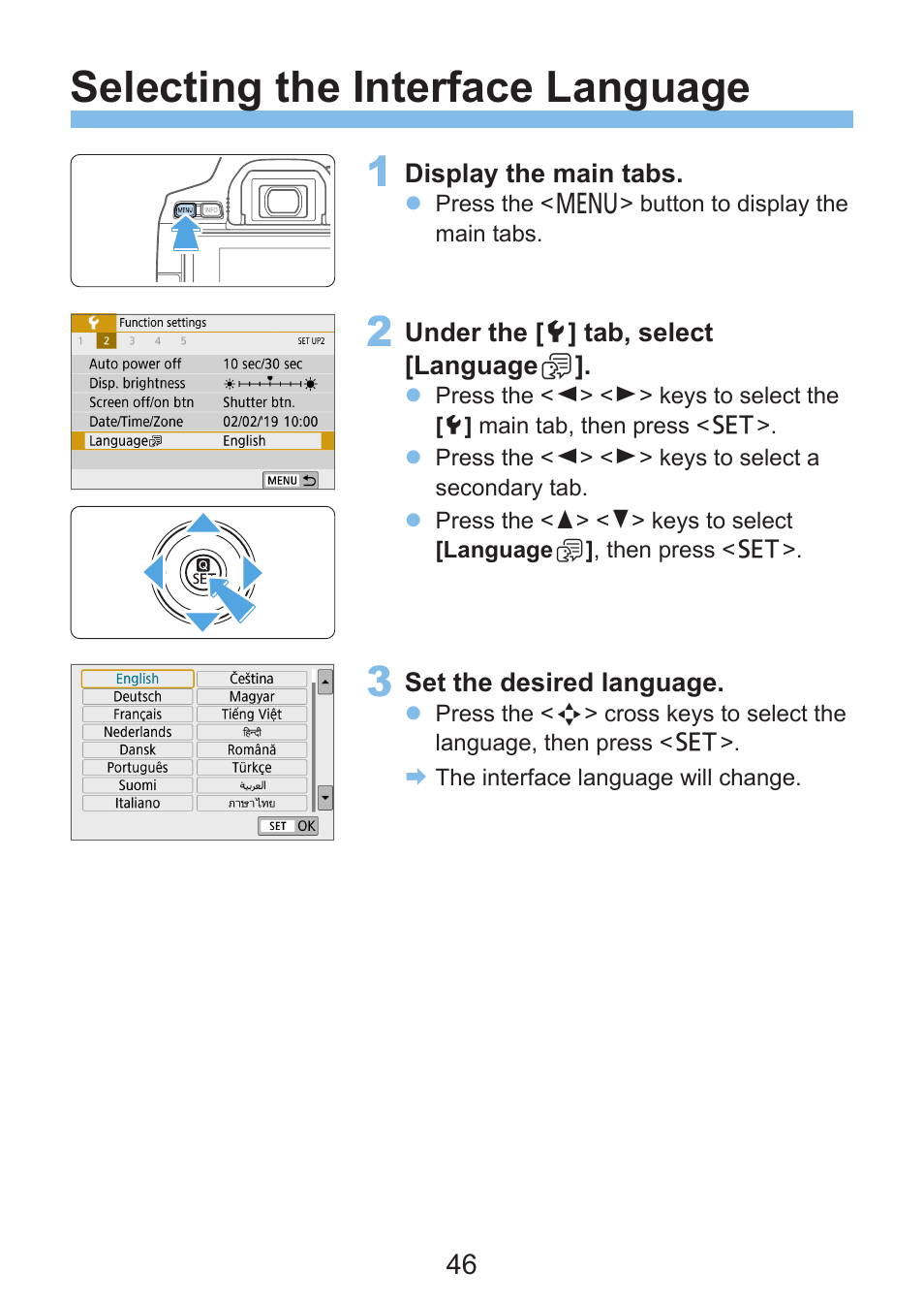 Selecting the interface language | Canon EOS Rebel SL3 DSLR Camera with 18-55mm Lens (Black) User Manual | Page 46 / 493