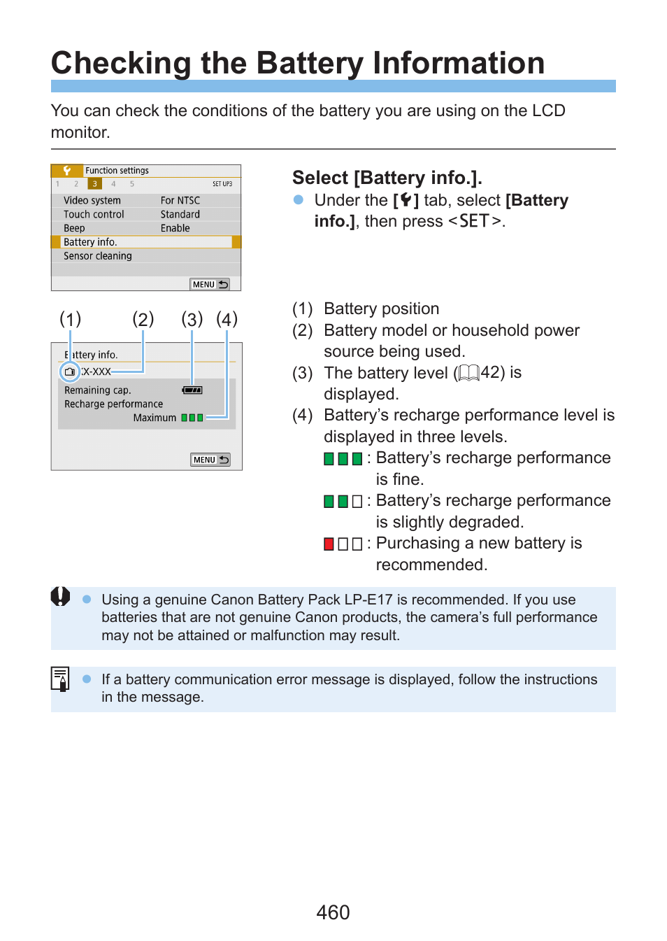 Checking the battery information | Canon EOS Rebel SL3 DSLR Camera with 18-55mm Lens (Black) User Manual | Page 460 / 493