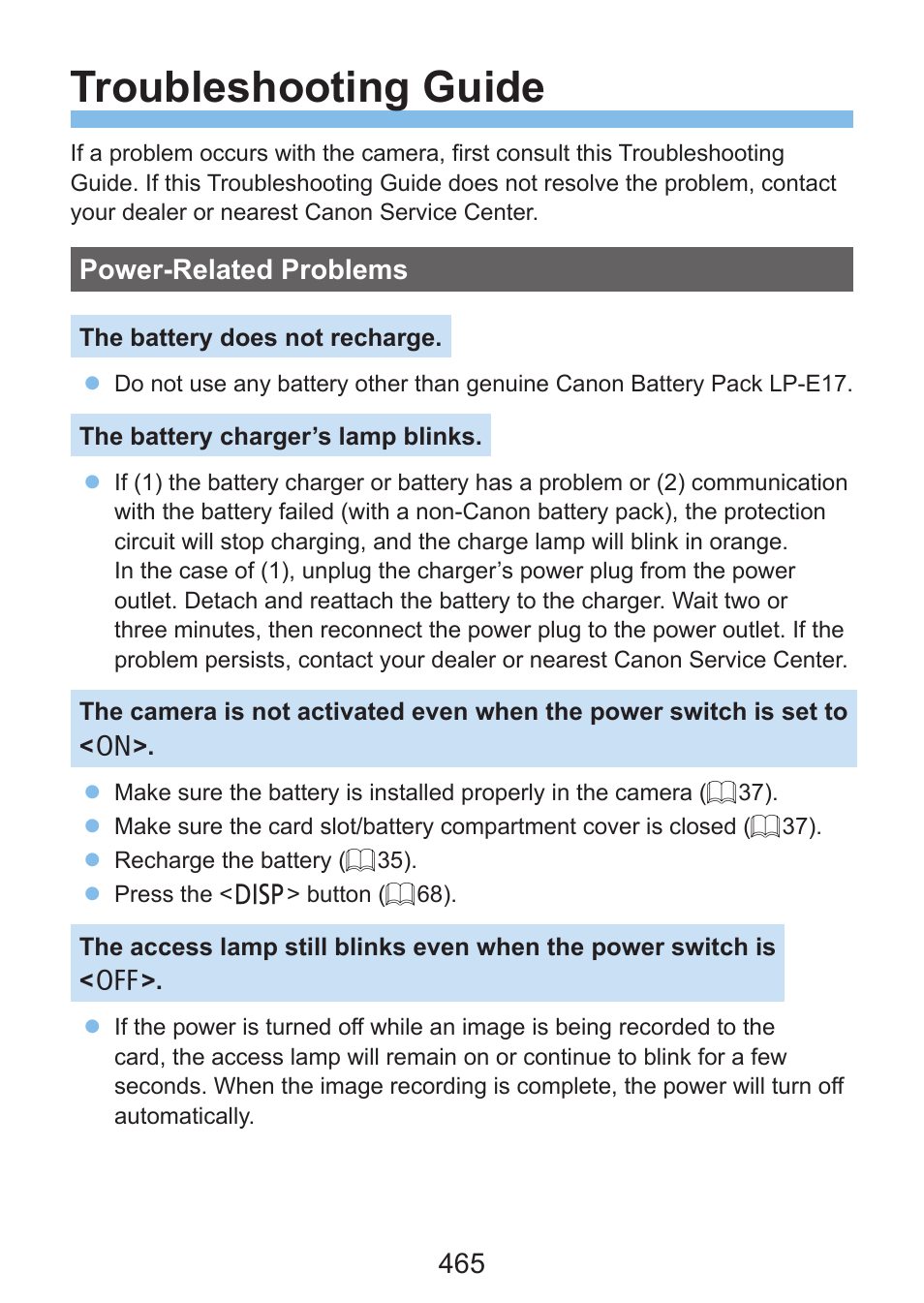 Troubleshooting guide, Power-related problems | Canon EOS Rebel SL3 DSLR Camera with 18-55mm Lens (Black) User Manual | Page 465 / 493