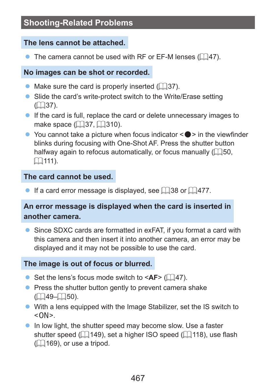 467 shooting-related problems | Canon EOS Rebel SL3 DSLR Camera with 18-55mm Lens (Black) User Manual | Page 467 / 493