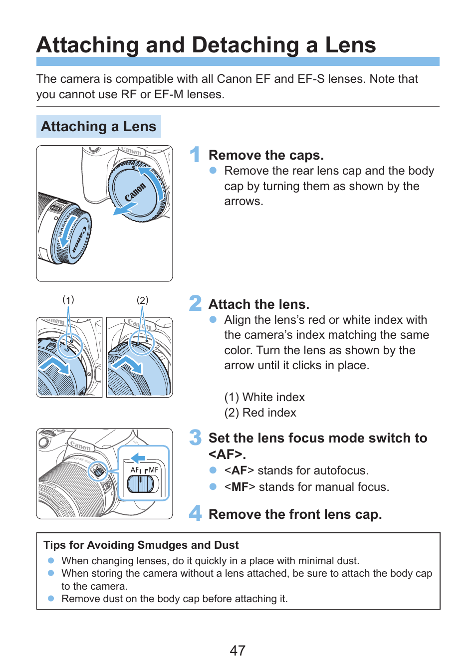 Attach the lens, Attaching/detaching, Attaching and detaching a lens | Canon EOS Rebel SL3 DSLR Camera with 18-55mm Lens (Black) User Manual | Page 47 / 493