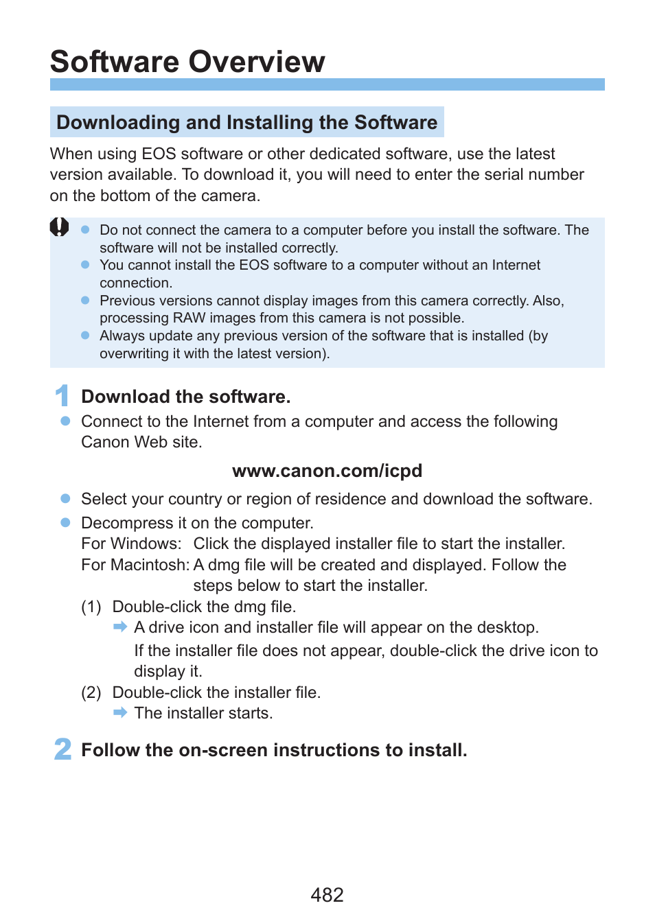 Software overview, Eos utility, 482) or a card reader | Downloading and installing the software | Canon EOS Rebel SL3 DSLR Camera with 18-55mm Lens (Black) User Manual | Page 482 / 493